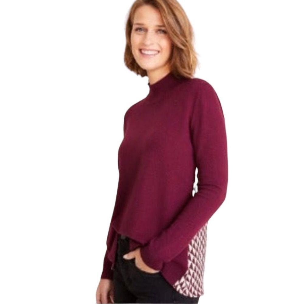 Ann Taylor Women's Small Geo Back Mixed Media Sweater plum burgundy color